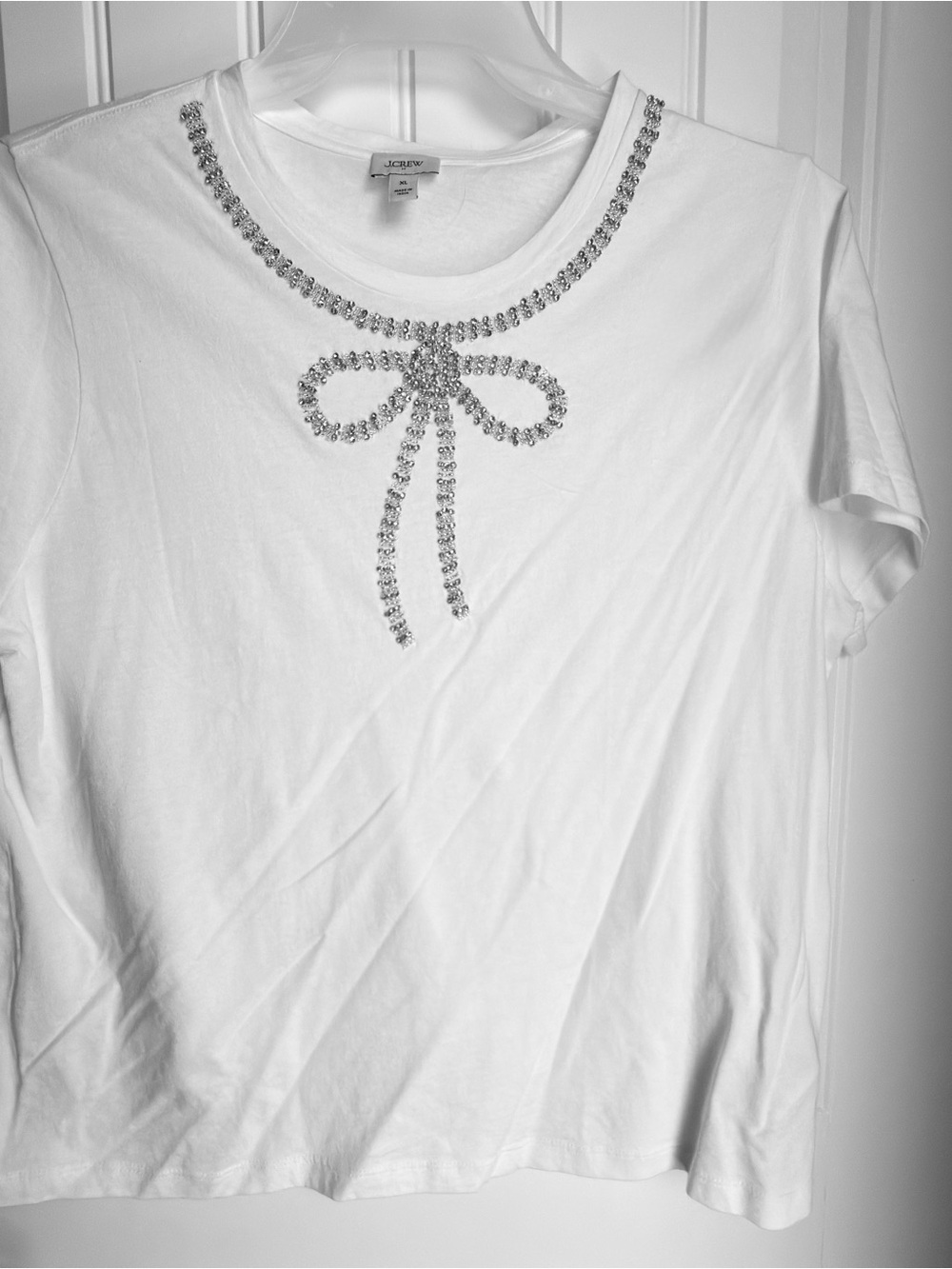 J. Crew White Short Sleeve Tee with Rhinestone Bow